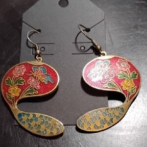 Vintage Pierced Cloisonne Earrings In A Fish Shape Multicolored
